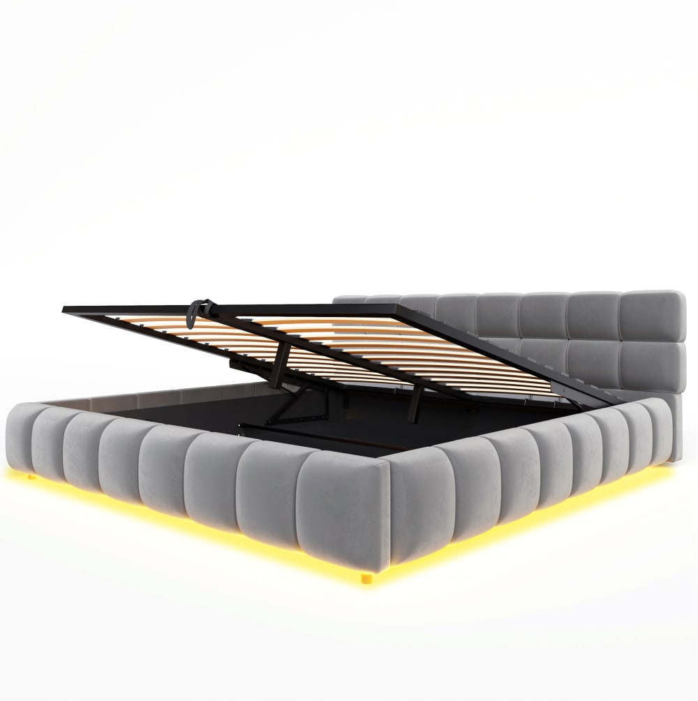 Lit capitonné 180 x 200 cm en velours polyester gris avec led