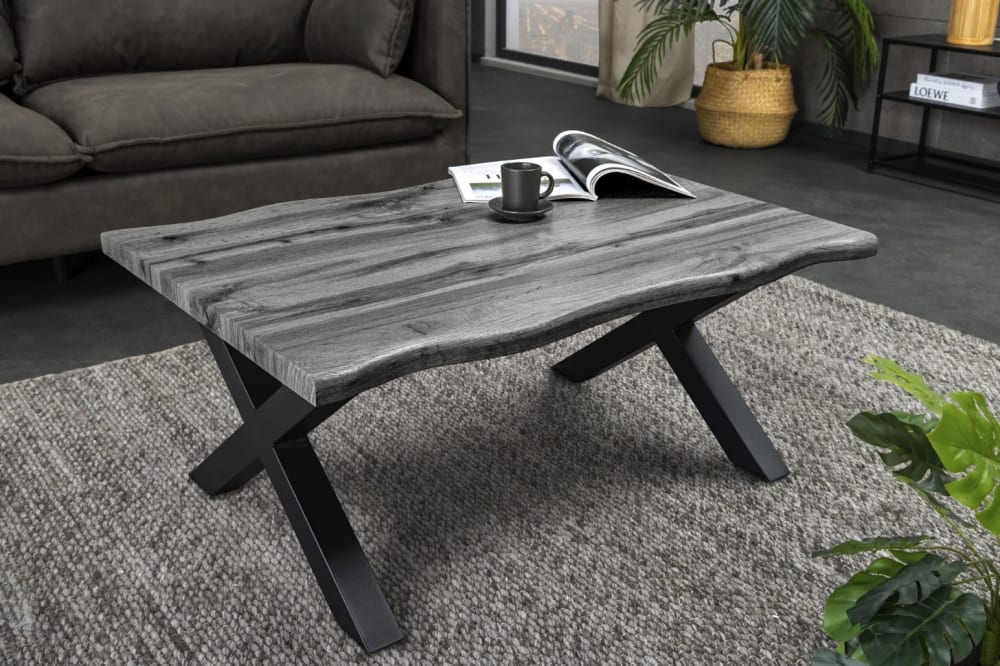 Table basse asymétrique gris et noire en chêne et fer 90x39x60cm