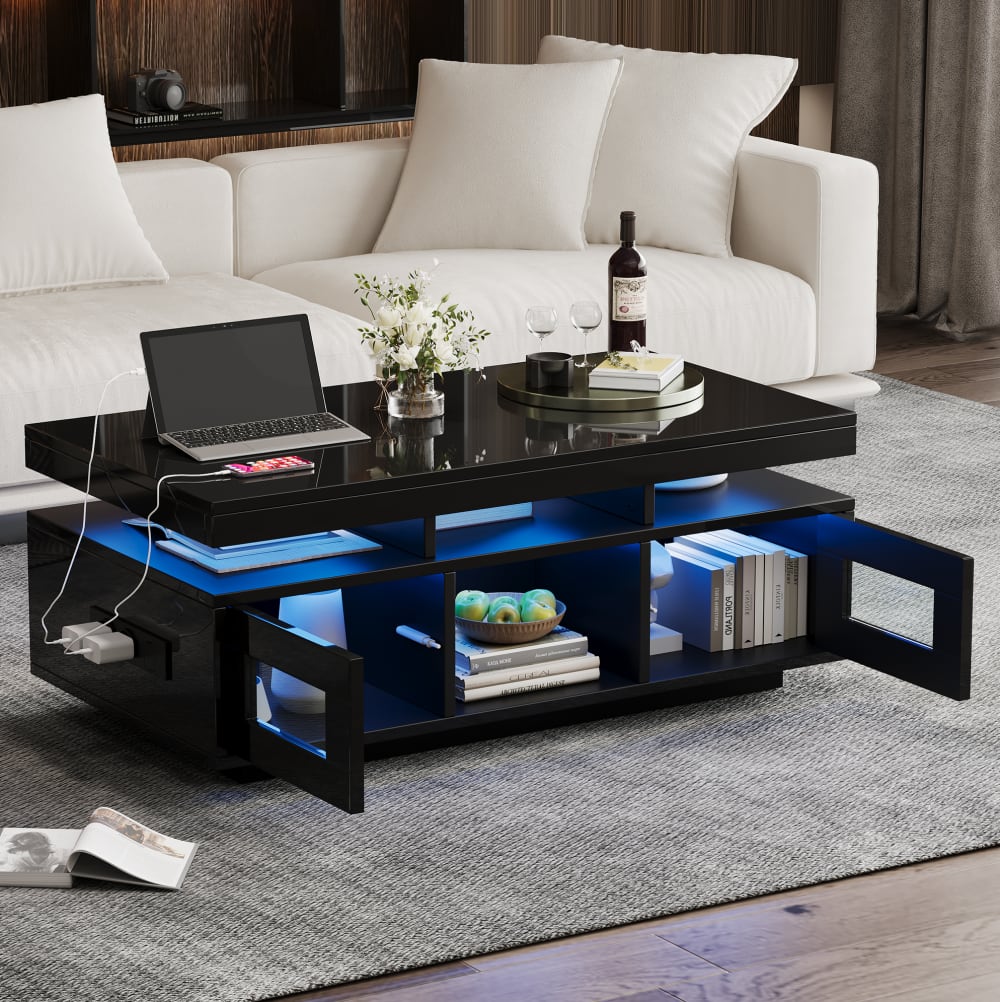 Couchtisch aus schwarzer hochglänzender Spanplatte mit LED -