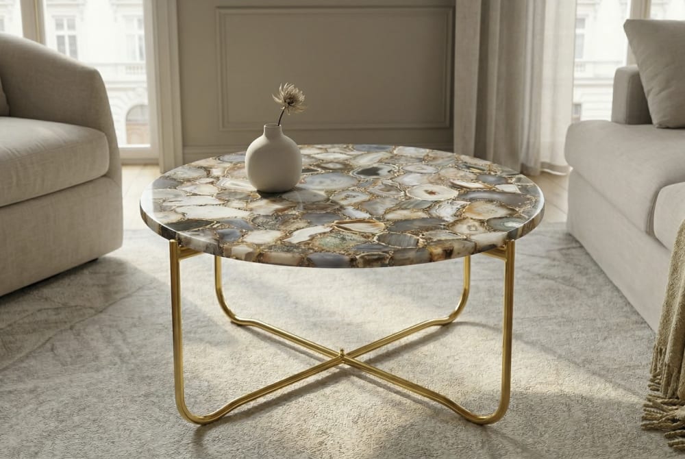 Table basse ronde multicolore brillante en marbre et fer 62x33x62cm