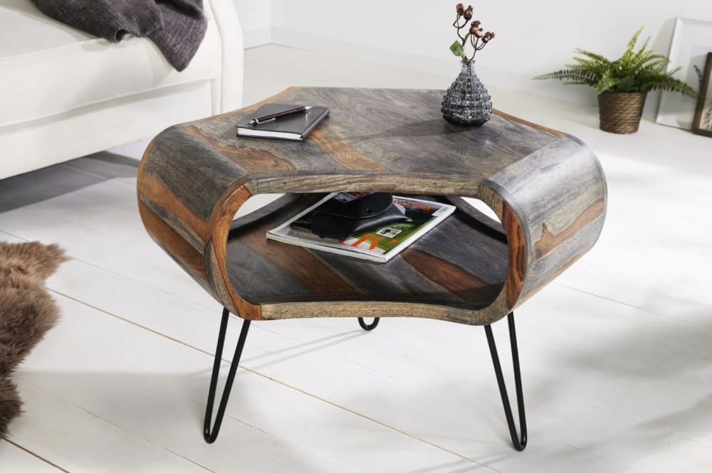 Table basse en sheesham marron et gris, pieds en fer noir 70x46x60cm