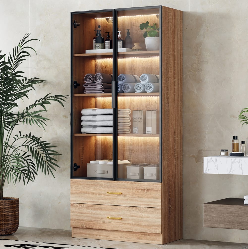 Badezimmerschrank aus Holzwerkstoff braun mit Glastüren - Maisons