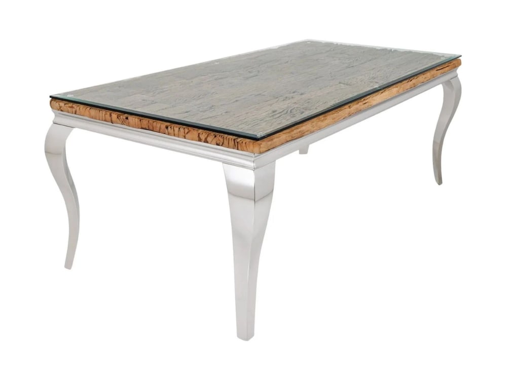 Table rectangulaire en bois de teck, verre et acier argenté 200x100cm