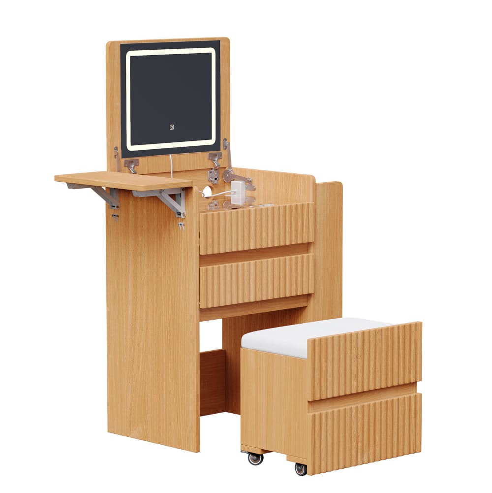 Coiffeuse avec miroir led, prises et tabouret à roulettes