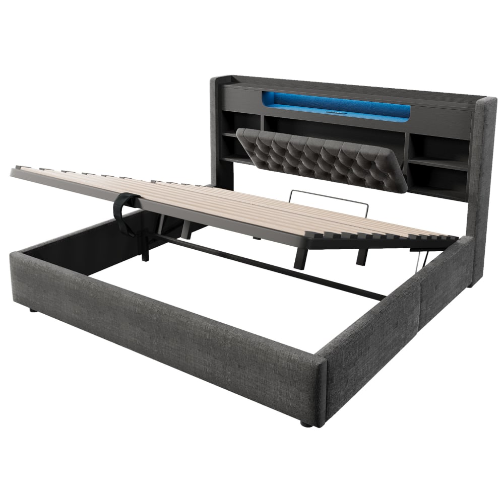 Lit coffre en polyester effet lin gris 180 x 200 cm avec led