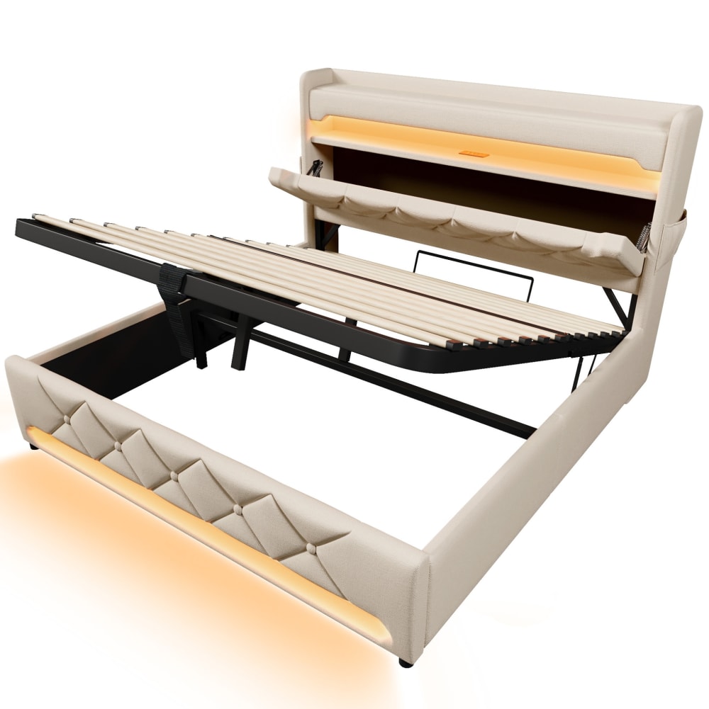 Lit double en polyester effet lin beige 180 x 200 cm avec led