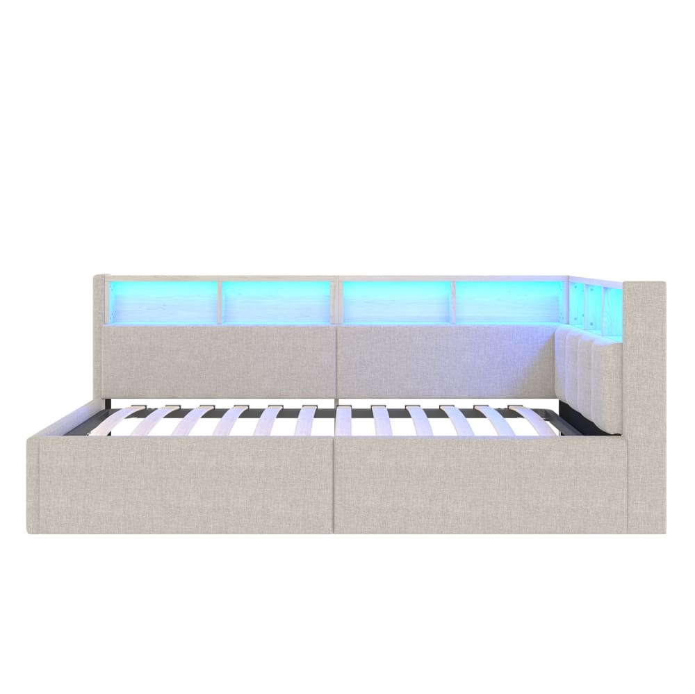 Lit banquette en polyester effet lin beige 90 x 200 cm avec led