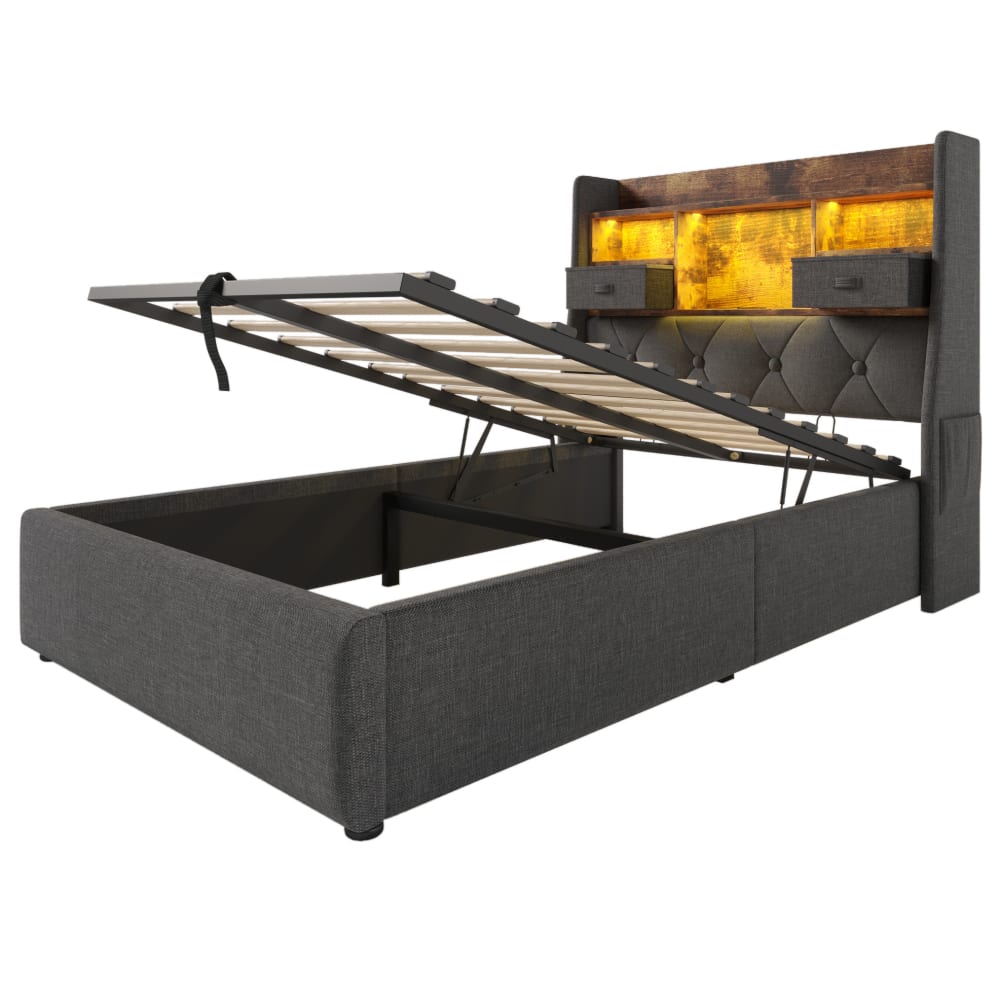 Lit rembourré en polyester effet lin gris 90 x 200 cm avec led