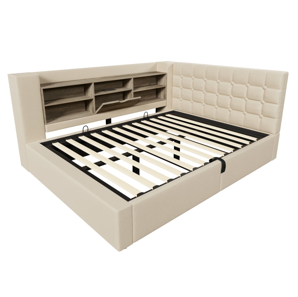 Lit coffre en polyester effet lin beige 140 x 190 cm avec led