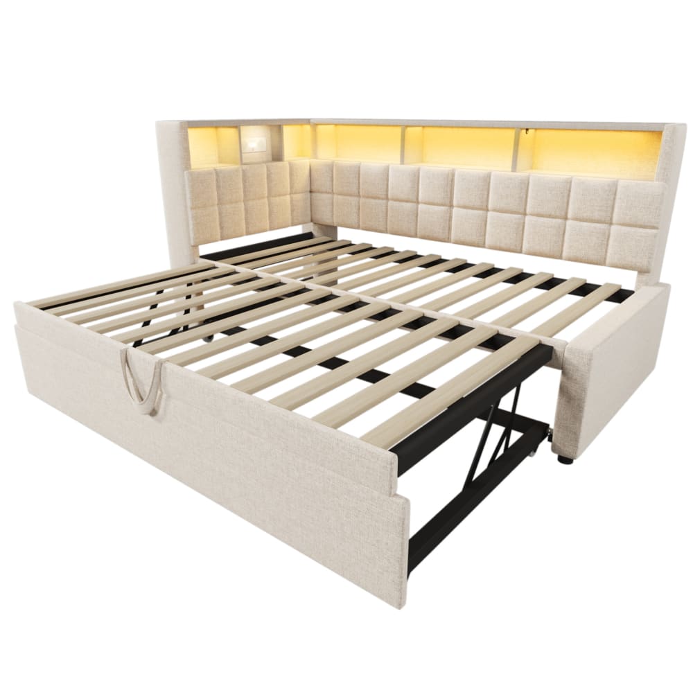 Lit gigogne en polyester effet lin beige 90 x 200 cm avec led