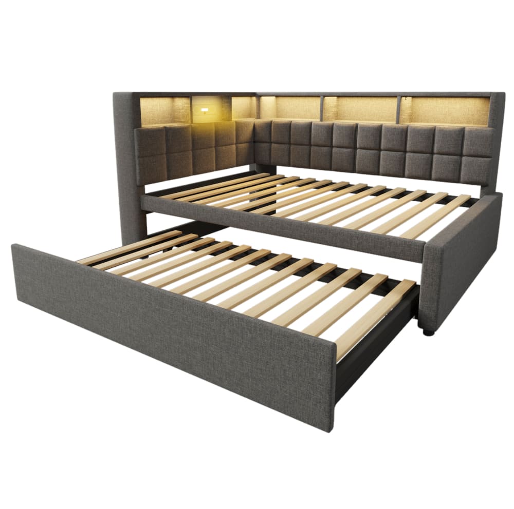 Lit avec lit gigogne en polyester effet lin gris 90 x 200 cm