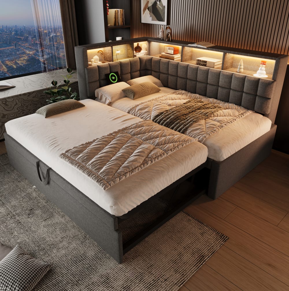 Lit avec lit gigogne en polyester effet lin gris 90 x 200 cm