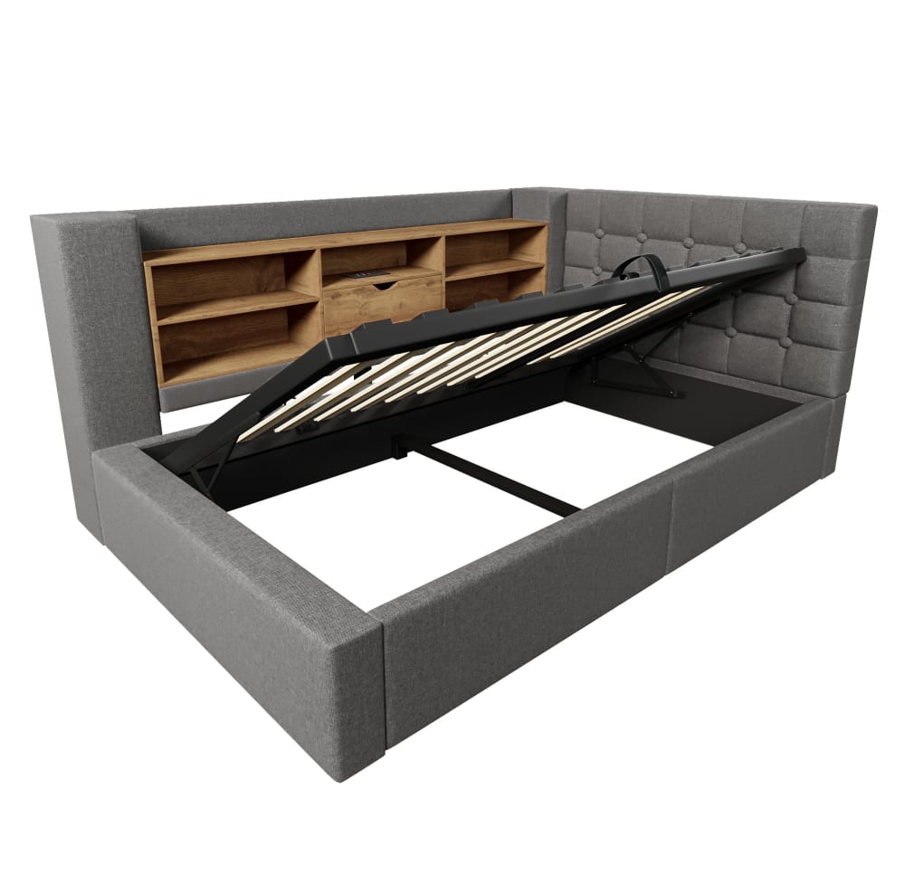 Lit en polyester effet lin gris 90 x 190 cm avec led et rangement