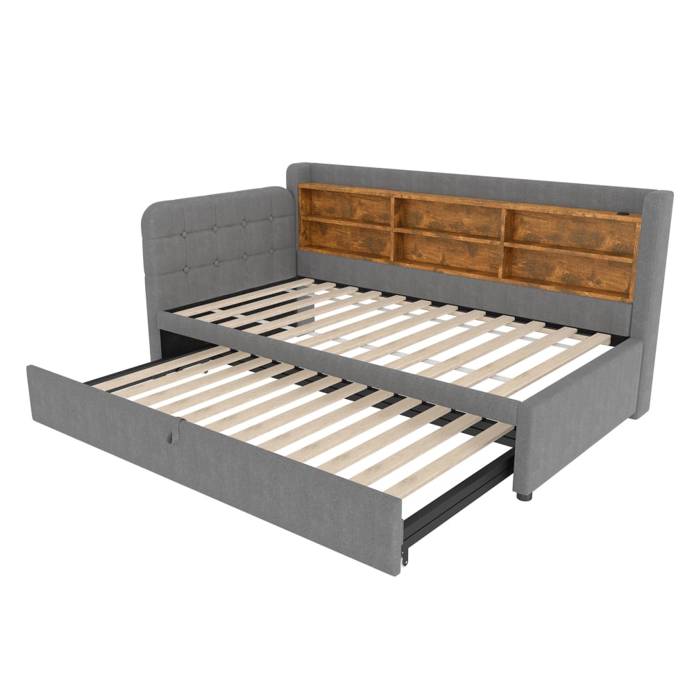 Lit de jour en polyester effet lin gris avec lit gigogne