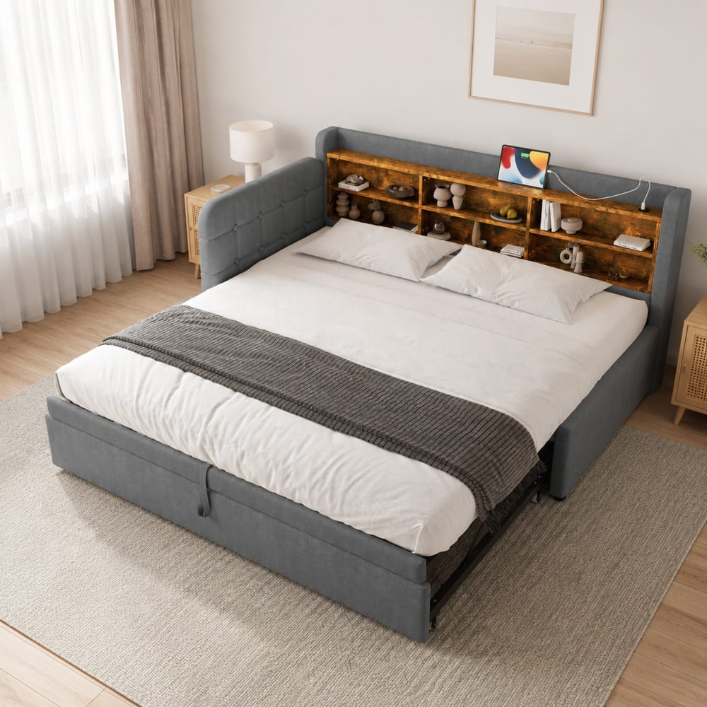 Lit de jour en polyester effet lin gris avec lit gigogne