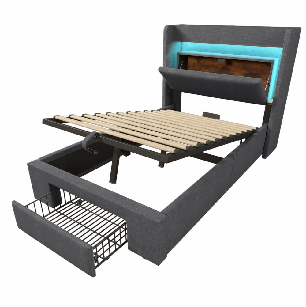 Lit coffre hydraulique en polyester effet lin gris 90 x 200 cm