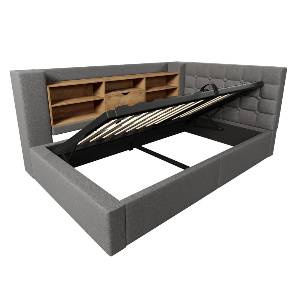 Lit en polyester effet lin gris 90 x 200 cm avec led et rangement