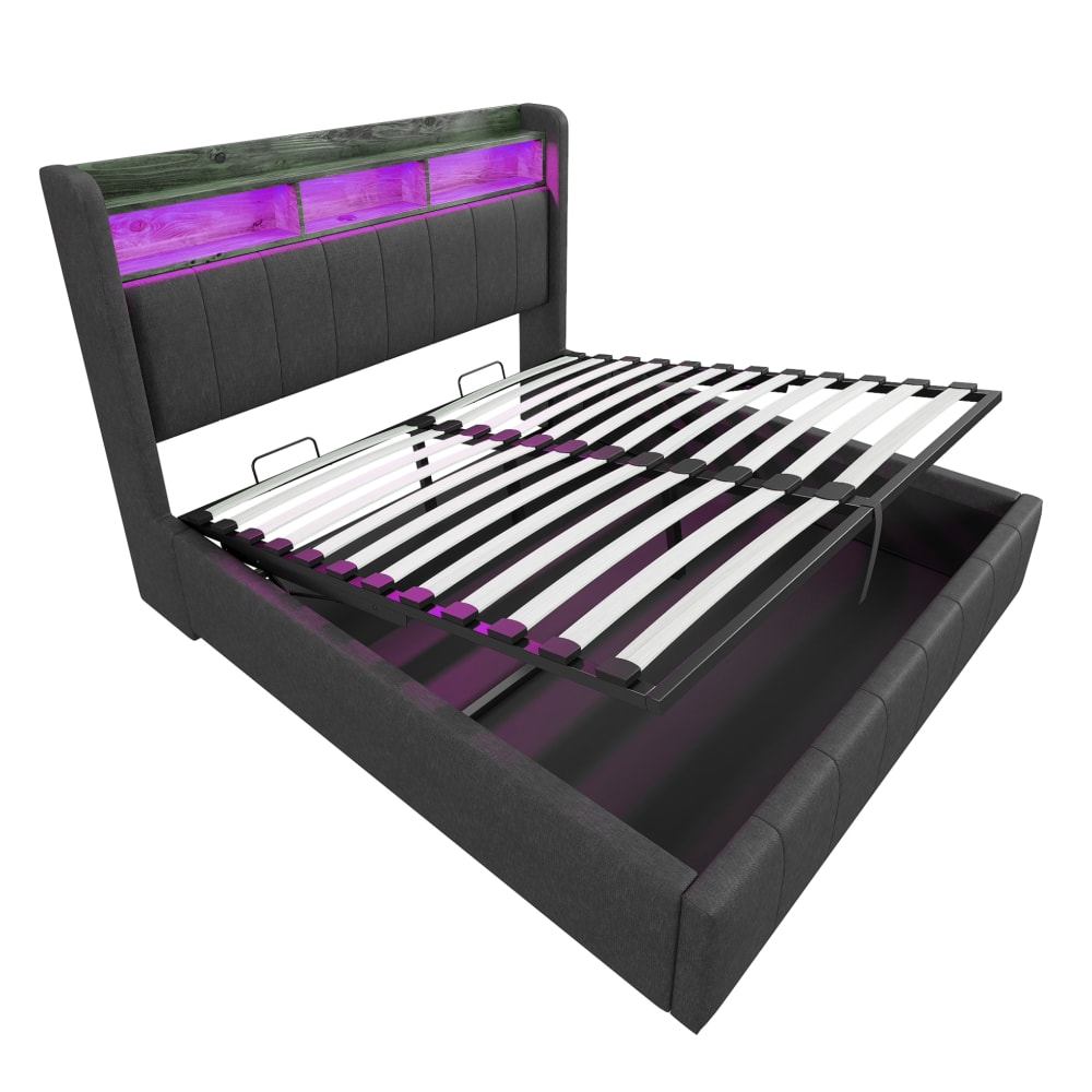 Lit capitonné en polyester gris 160 x 200 cm avec led et rangement
