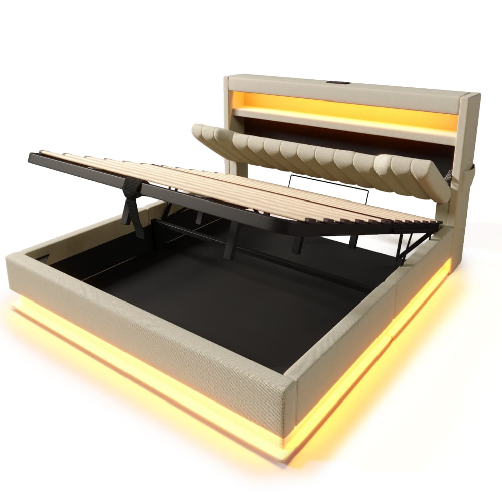 Lit avec tête de lit de rangement led beige en polyester 140 x 200 cm