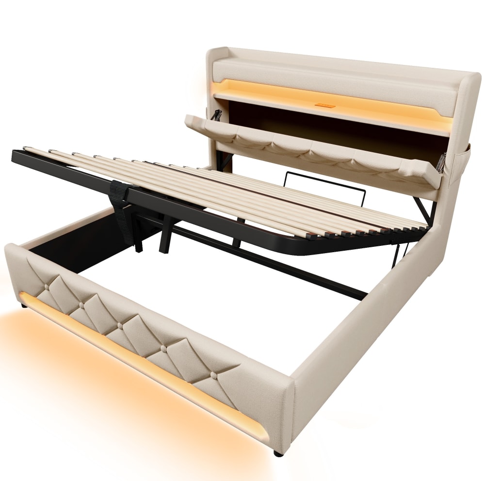 Lit double en polyester effet lin beige 140 x 190 cm avec rangement