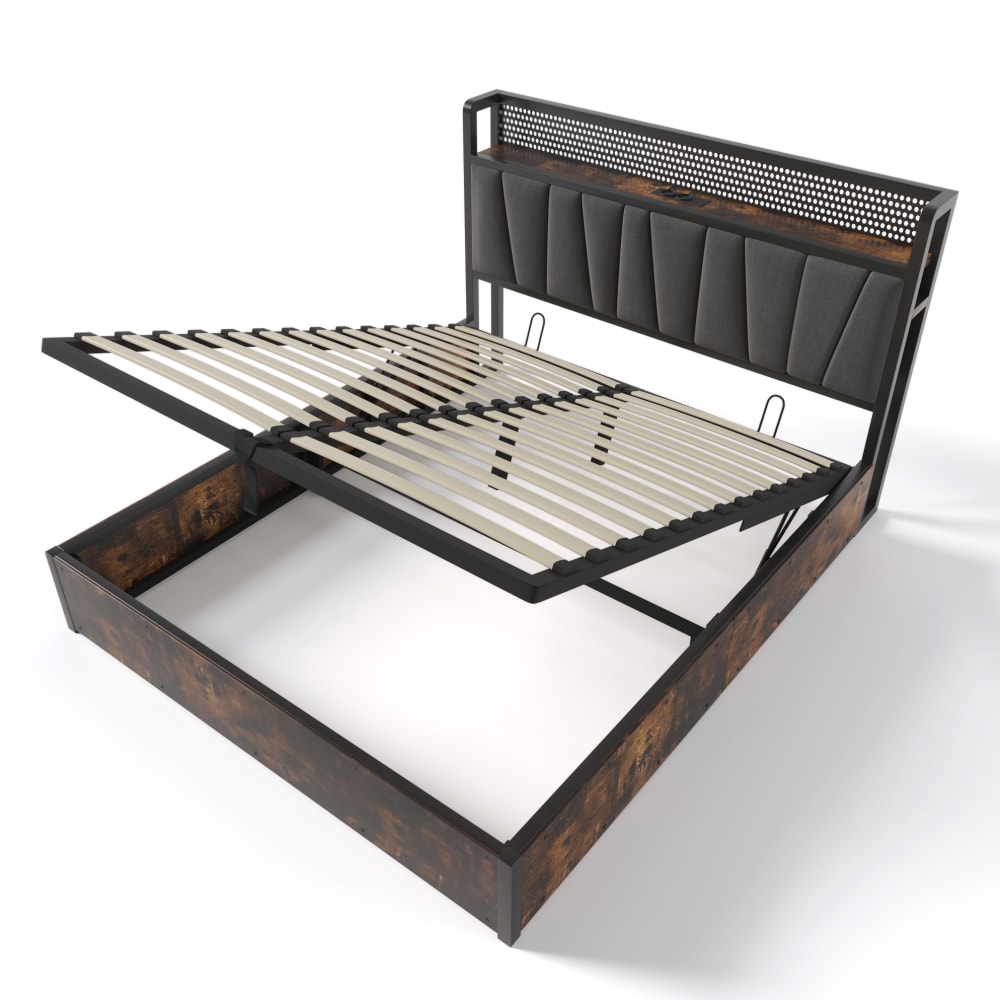 Lit double en polyester effet lin gris 180 x 200 cm avec led