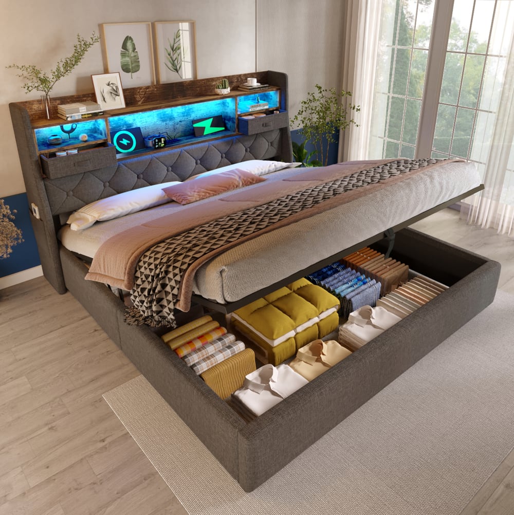 Lit coffre en polyester effet lin gris 140 x 200 cm avec led