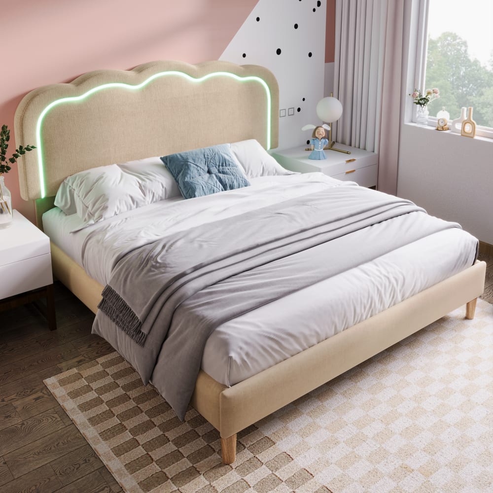Lit rembourré en polyester beige avec led 140 x 200 cm