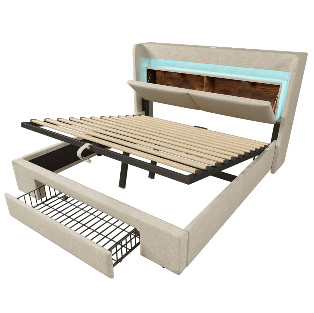 Lit coffre en polyester effet lin beige 160 x 200 cm avec led et usb
