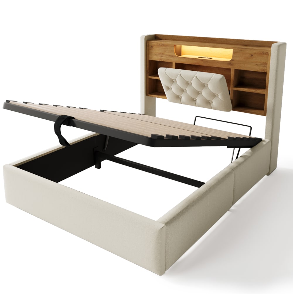Lit coffre en polyester effet lin beige 90 x 200 cm avec led
