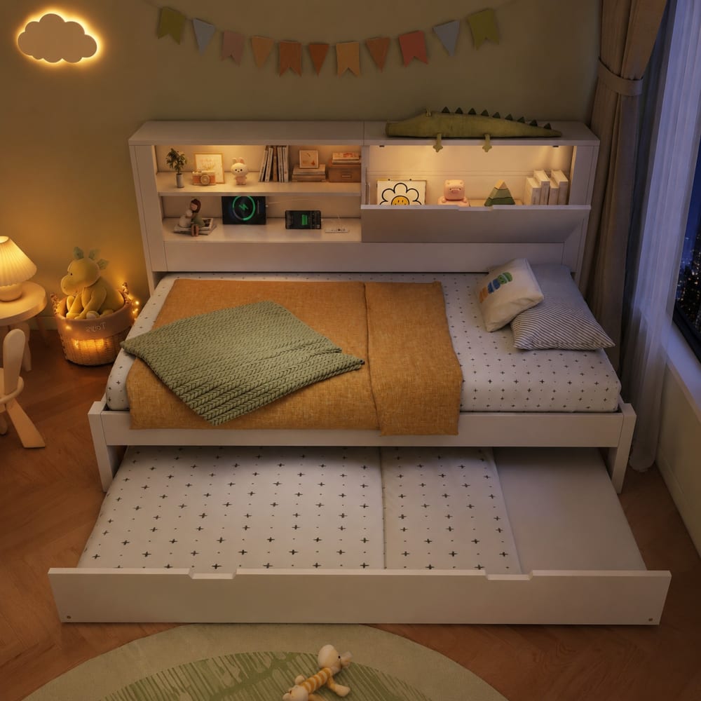 Lit-sofa avec lit gigogne et rangements blanc 90 x 200 cm