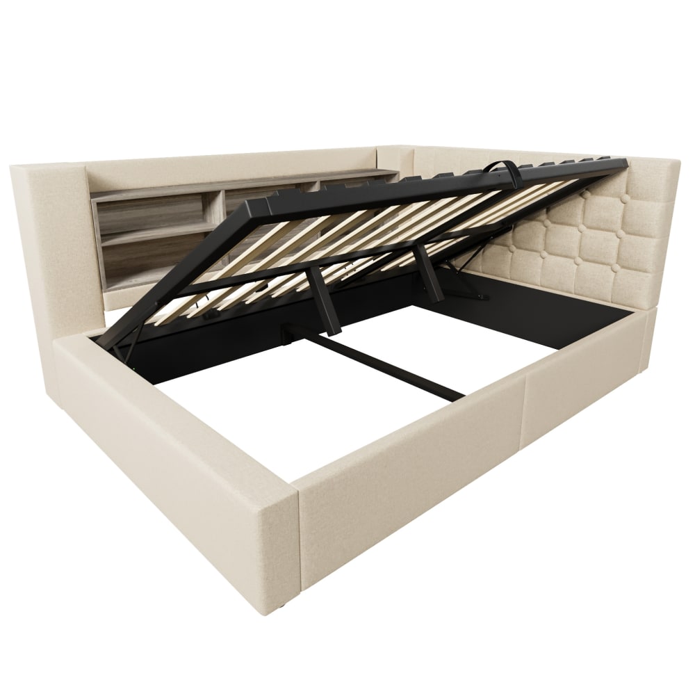 Lit coffre en polyester effet lin beige 140 x 200 cm avec led