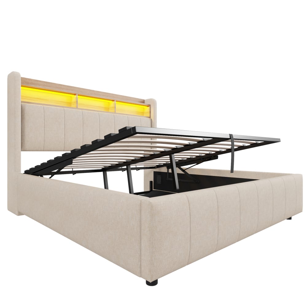 Lit capitonné en polyester beige 160 x 200 cm avec led et rangement