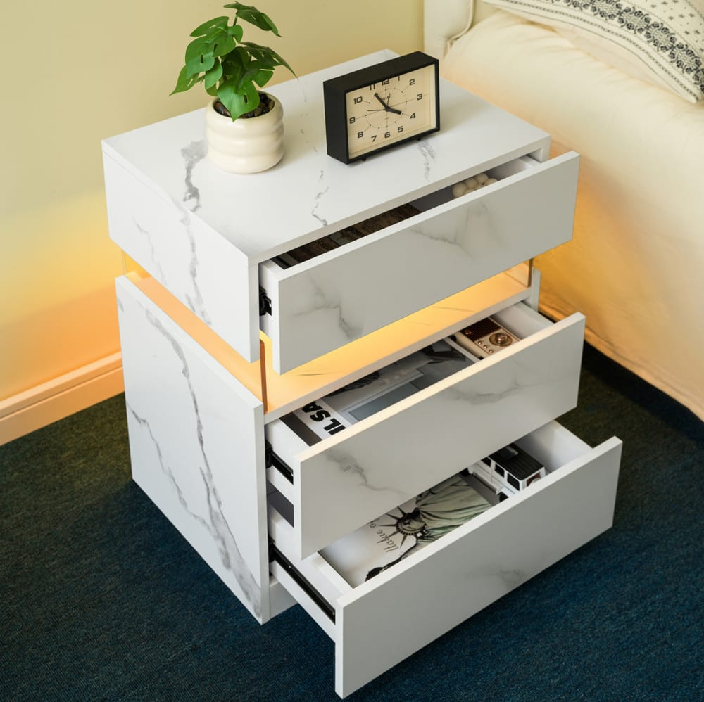 Table de chevet led 3 tiroirs en panneau de particules blanc