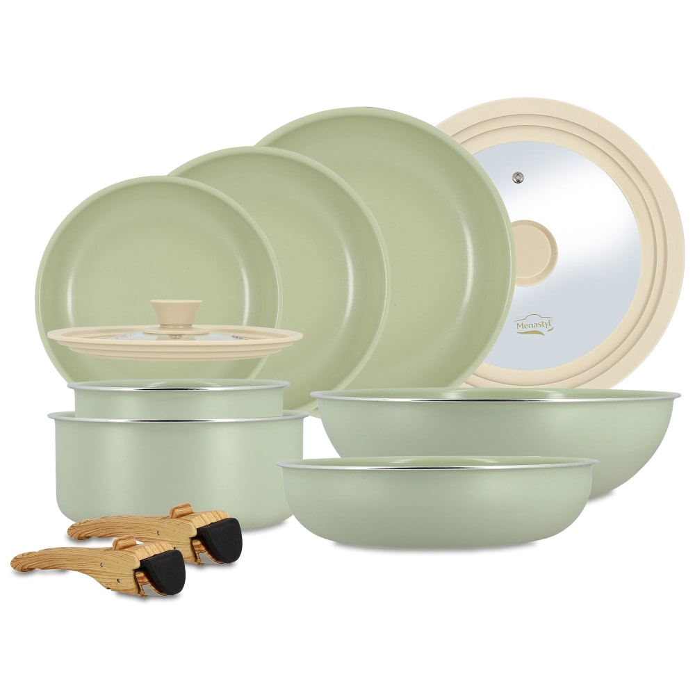 Batterie de cuisine 11 pièce amovible en aluminium celadon - tous feux