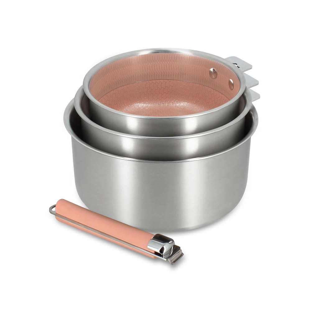 Set de 3 casseroles en acier inoxydable et une poignée amovible rose