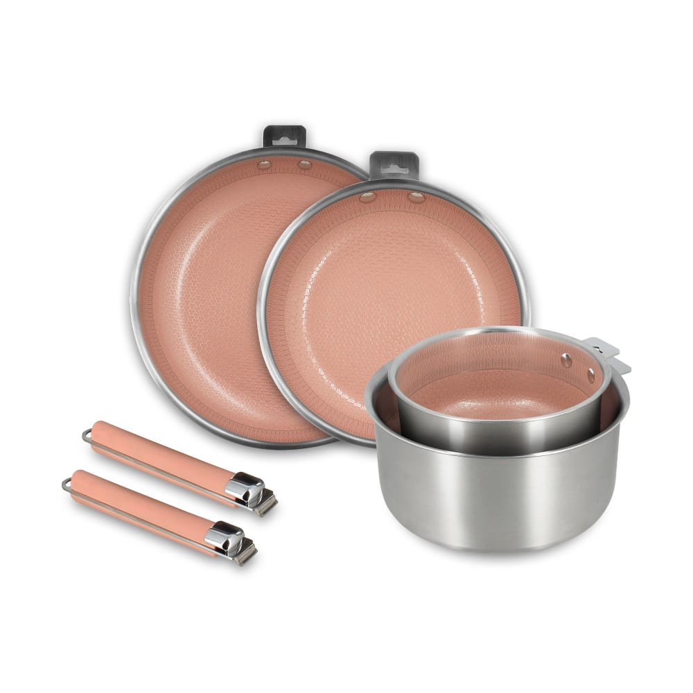 Set de 4 pièces en acier inoxydable et 2 poignées amovibles rose