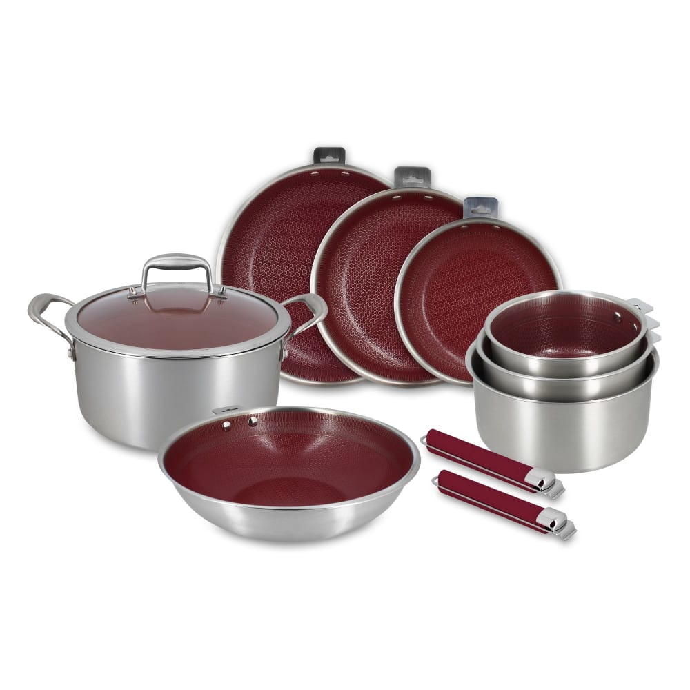 Batterie de cuisine 10 pièces en acier inoxydable lie de vin