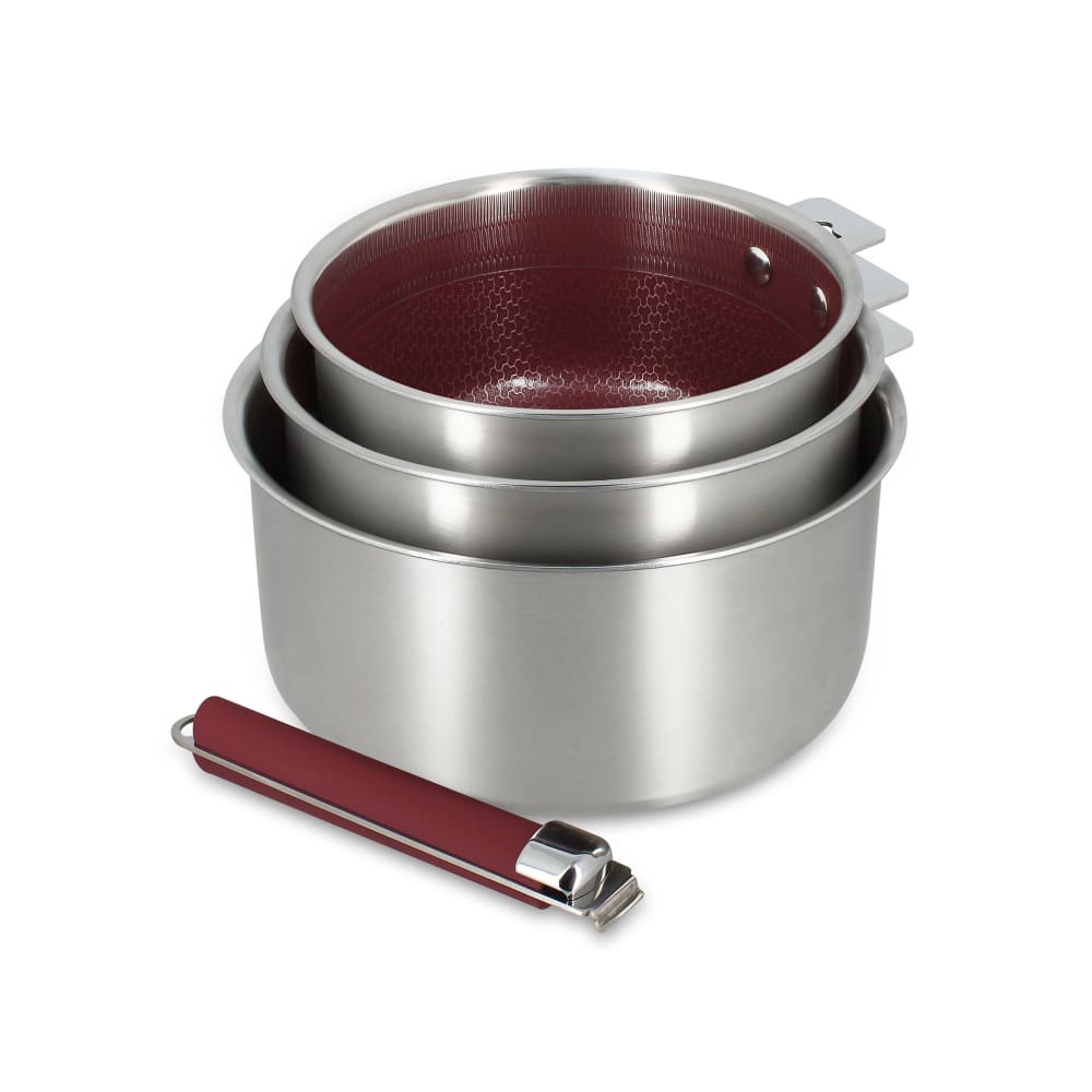 Set de 3 casseroles en acier inoxydable et poignée amovible lie de vin