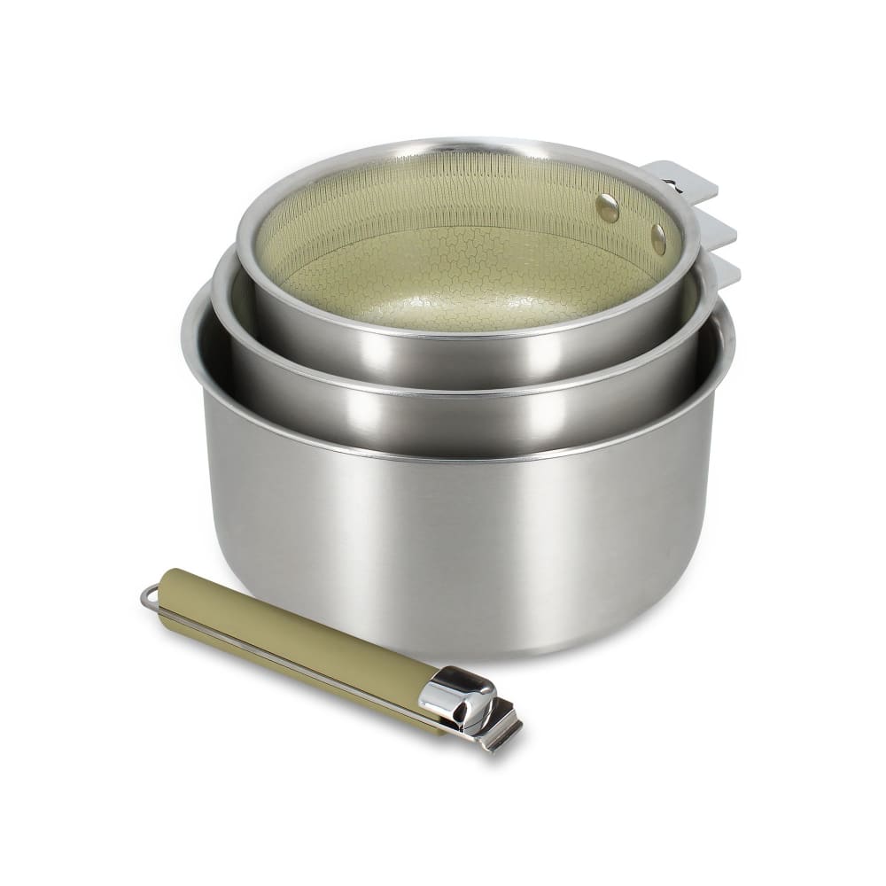 Set de 3 casseroles en acier inoxydable et une poignée amovible vert