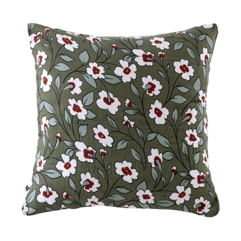 Taie d'oreiller 60x60cm gaze de coton imprimé floral coloris vert