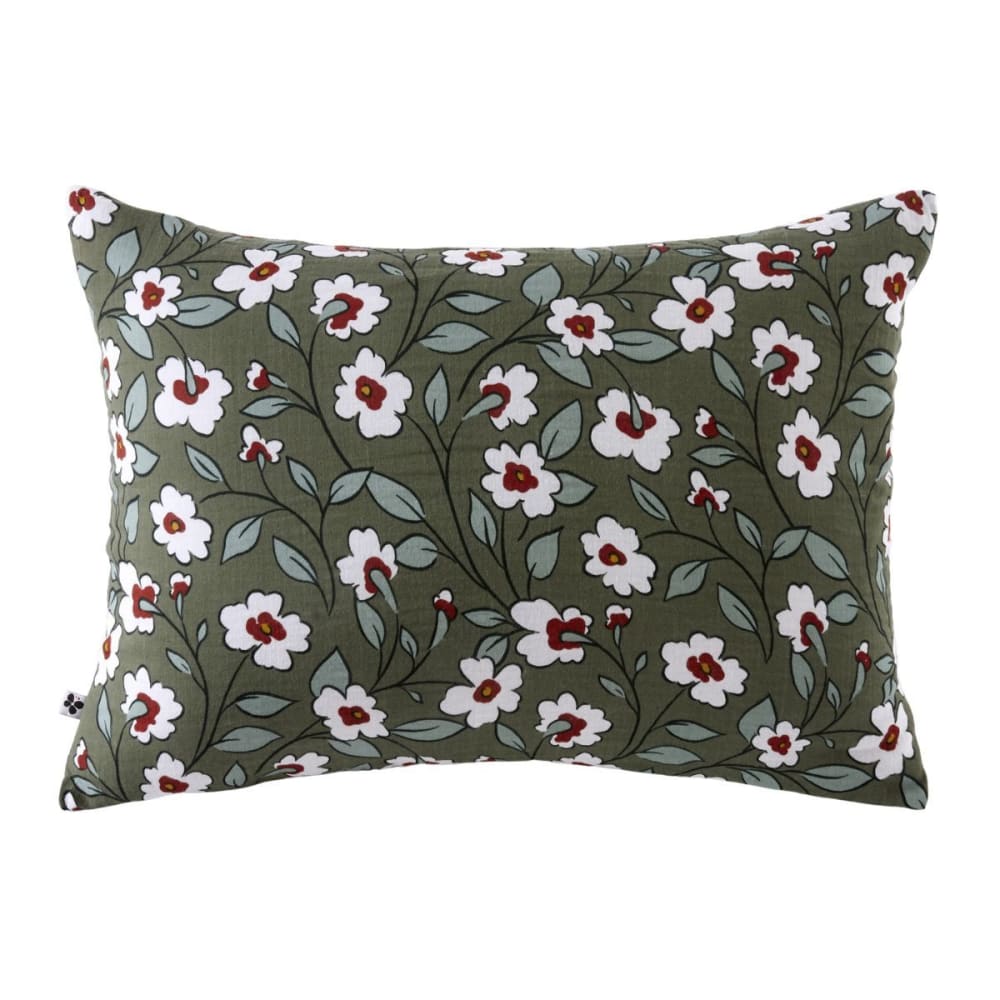 Taie d'oreiller 50x70cm gaze de coton imprimé floral coloris vert