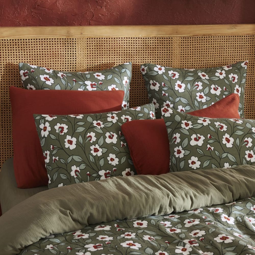 Taie d'oreiller 50x70cm gaze de coton imprimé floral coloris vert — vue 3