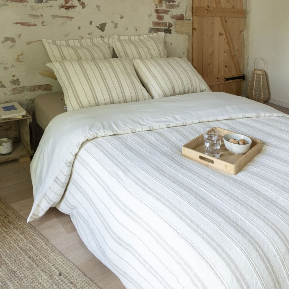 Taie d'oreiller 60x60cm coton tissage texturé coloris blanc rayé beige — vue 4