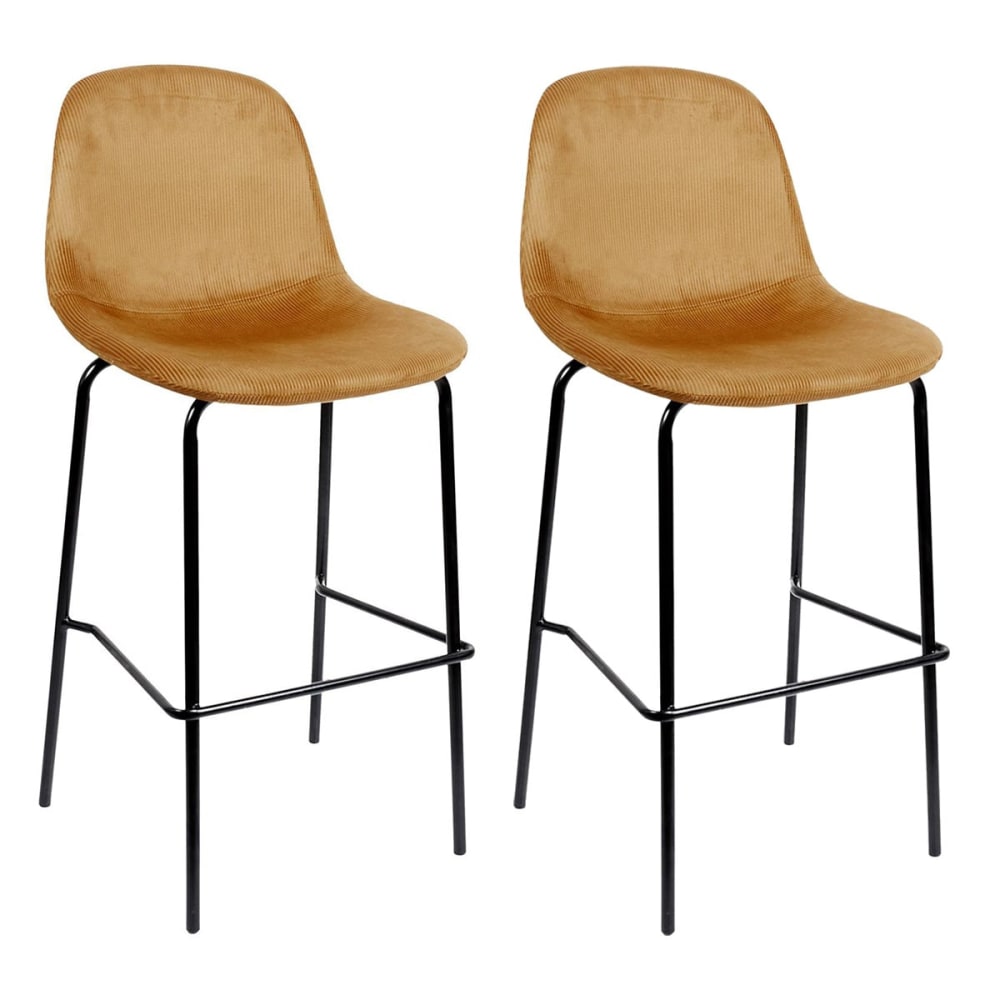 Lot de 2 tabourets de bar en velours côtelé ocre Lot de 2 tabourets de bar en velours côtelé ocre