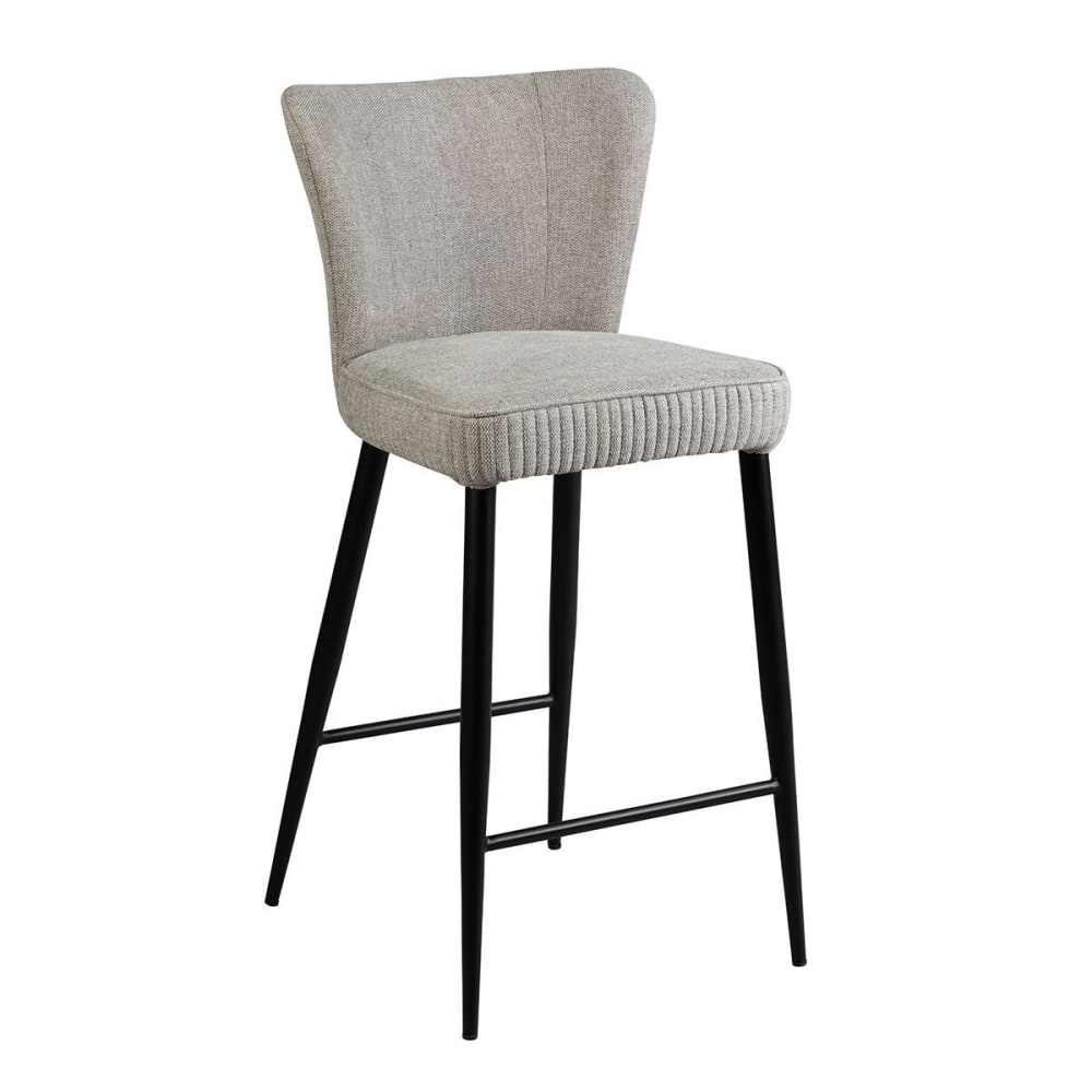 Tabouret de bar tissu gris clair chiné pieds métal noir mat Tabouret de bar tissu gris clair chiné pieds métal noir mat