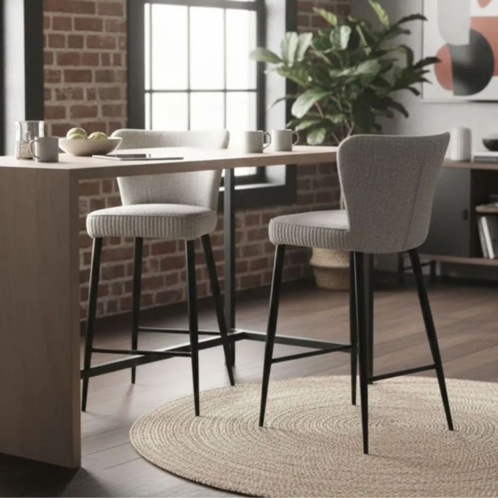 Tabouret de bar tissu gris clair chiné pieds métal noir mat