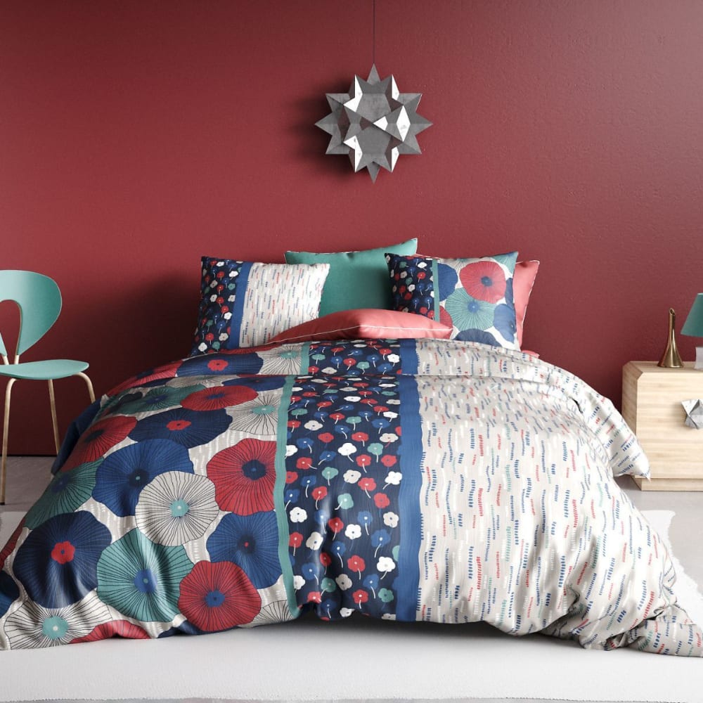 Parure housse couette 260x240cm 2 taie floral et graphique en coton