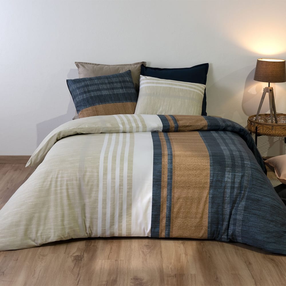 Parure housse couette 240x220cm 2 taies rayé bleu beige en coton