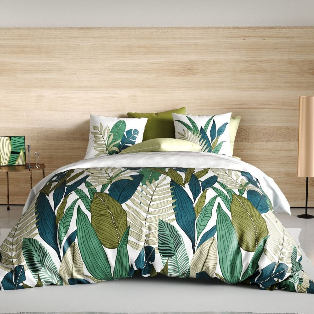 Parure housse couette 240x220cm 2 taies feuilles palmiers en coton