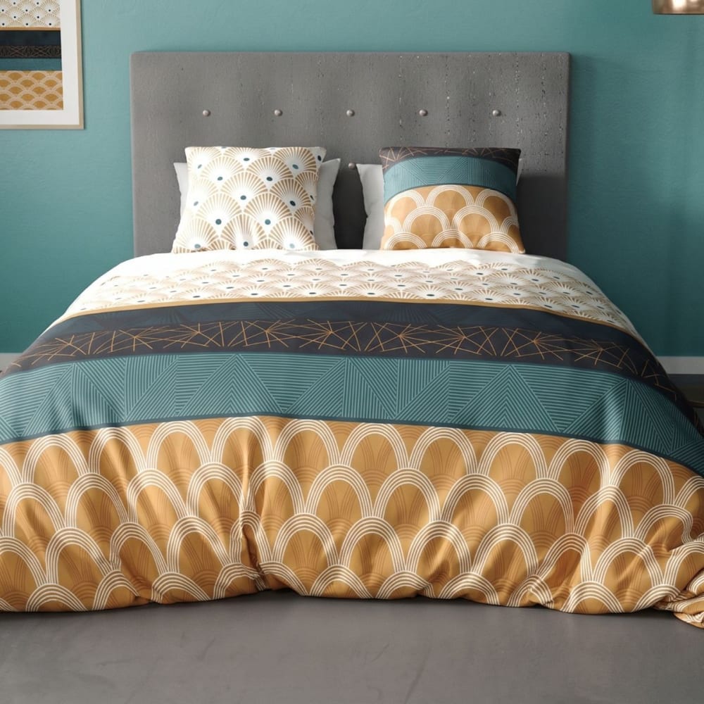 Parure housse couette 260x240cm 2 taies tracé jaune moutarde en coton